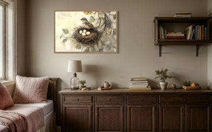 Bird Nest With Eggs and A Bird Rustic Canvas Wall Art