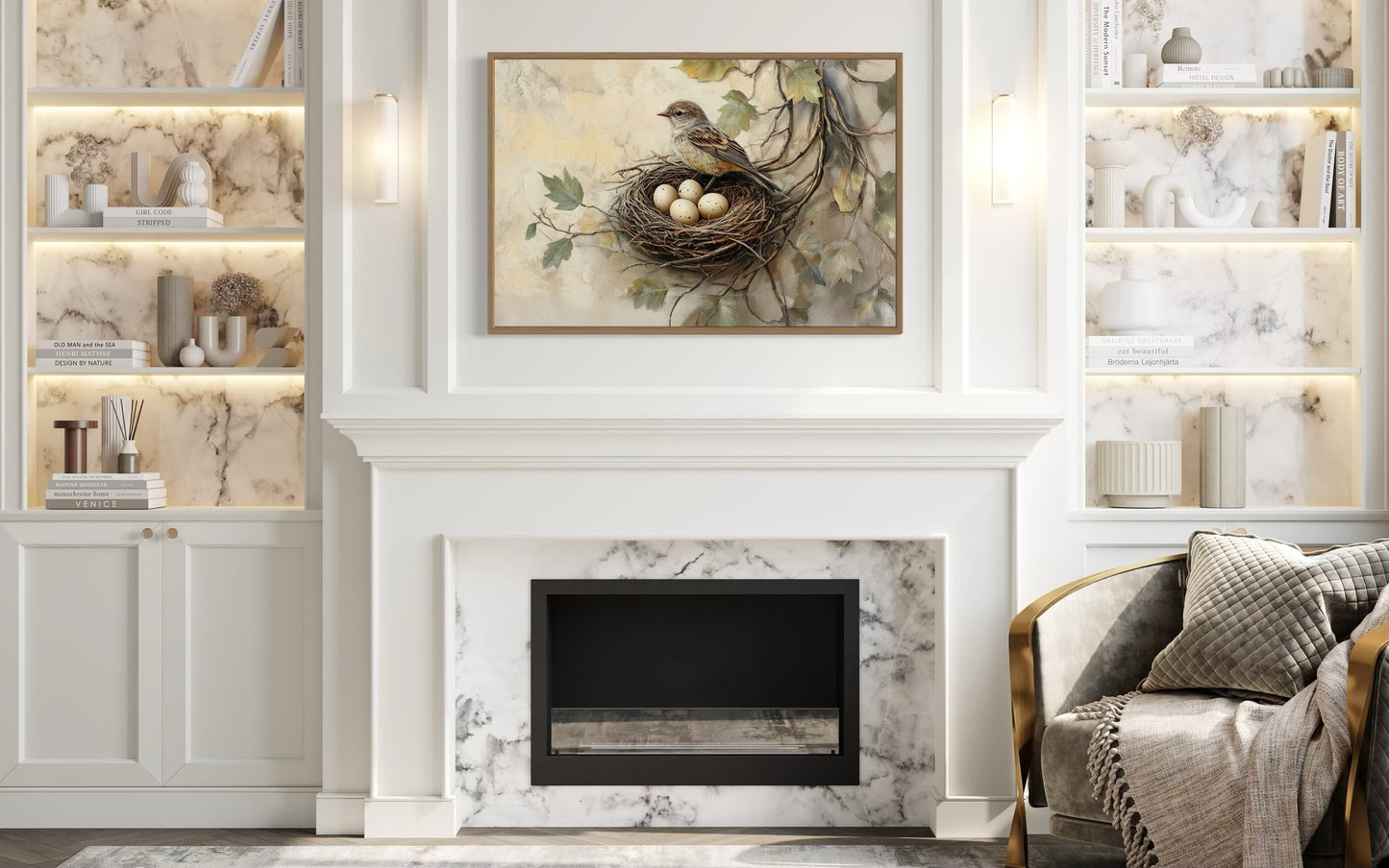 Bird Nest With Eggs and A Bird Rustic Canvas Wall Art