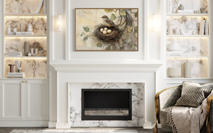 Bird Nest With Eggs and A Bird Rustic Canvas Wall Art