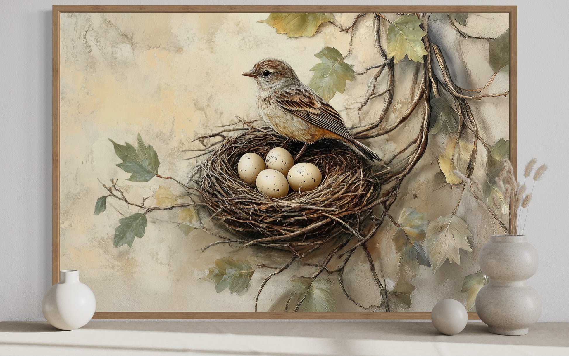 Bird Nest With Eggs and A Bird Rustic Canvas Wall Art