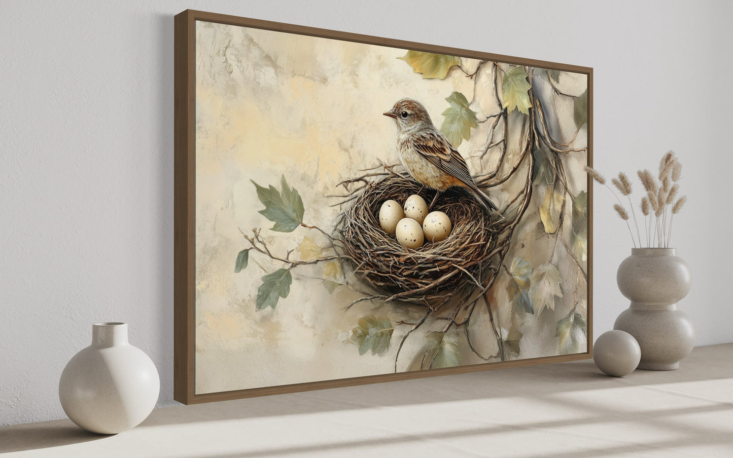 Bird Nest With Eggs and A Bird Rustic Canvas Wall Art