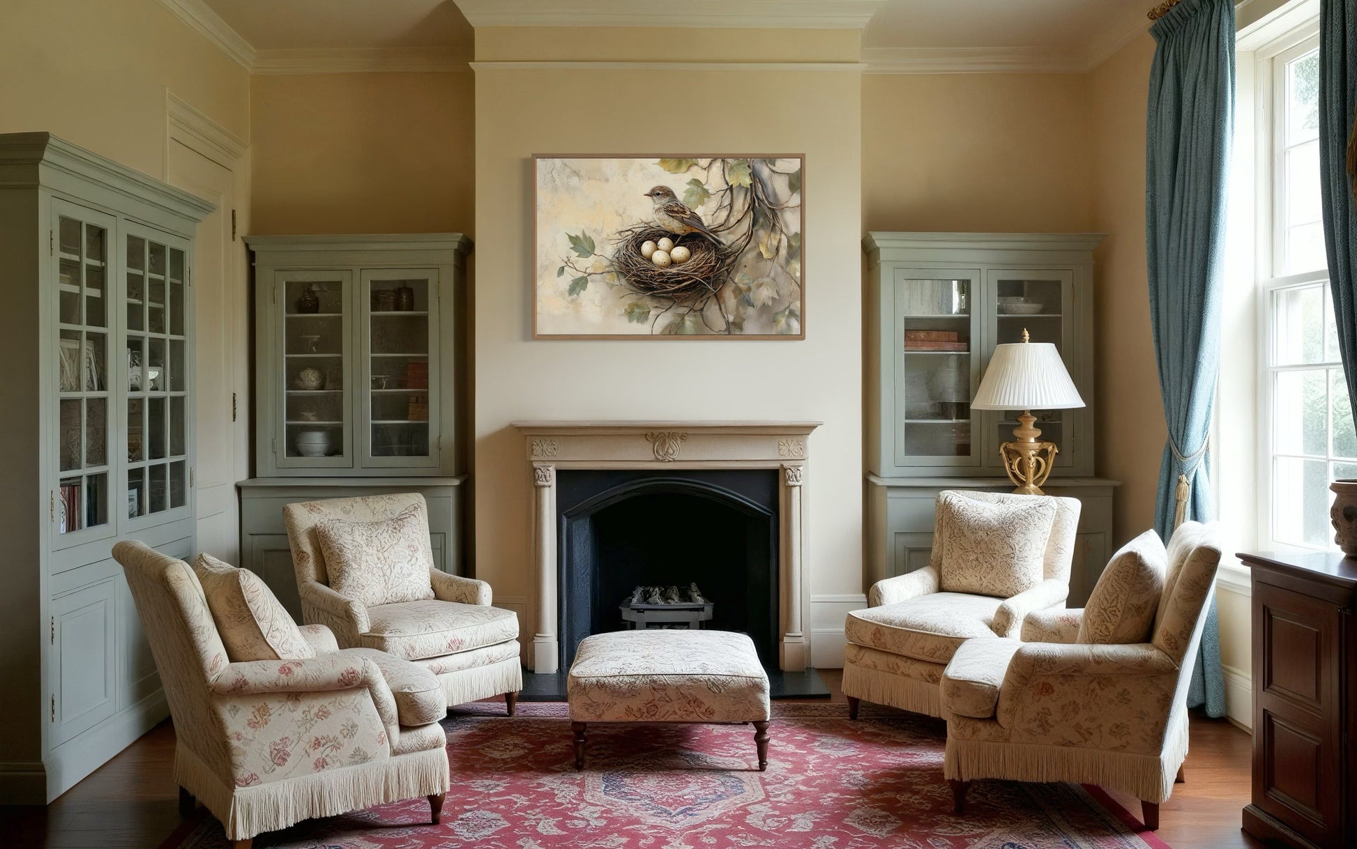 Bird Nest With Eggs and A Bird Rustic Canvas Wall Art