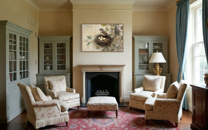 Bird Nest With Eggs and A Bird Rustic Canvas Wall Art