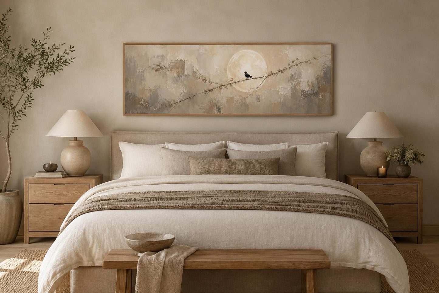Bird on Branch Silhouette With Moon Neutral Beige Abstract Above Bed Canvas Print