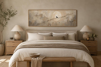 Bird on Branch Silhouette With Moon Neutral Beige Abstract Above Bed Canvas Print