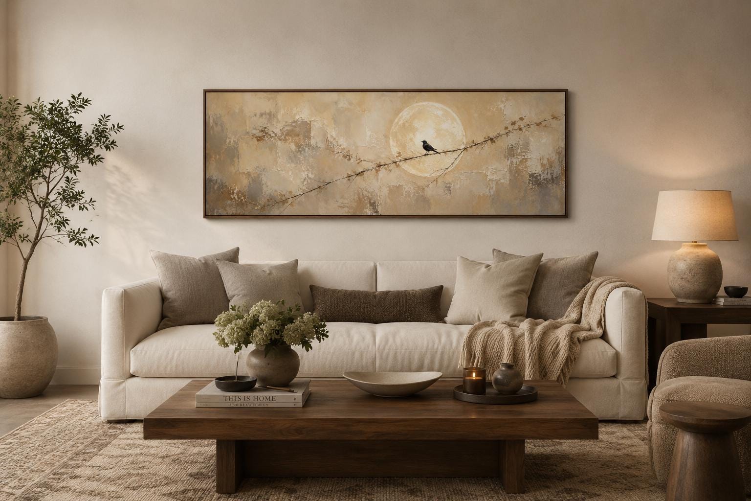 Bird on Branch Silhouette With Moon Neutral Beige Abstract Above Bed Canvas Print