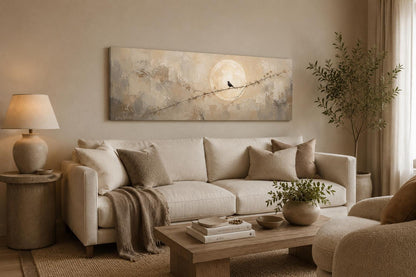 Bird on Branch Silhouette With Moon Neutral Beige Abstract Above Bed Canvas Print