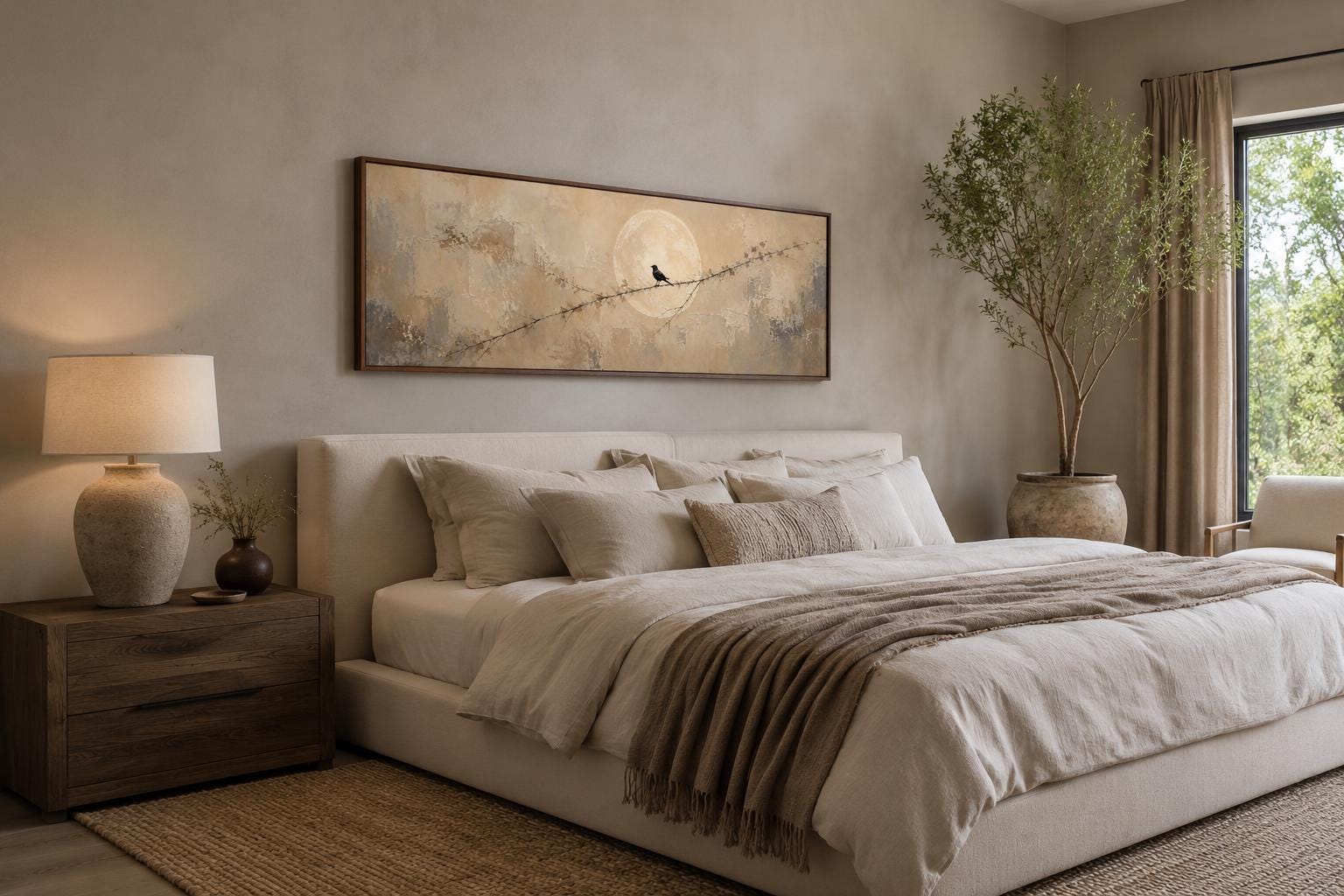 Bird on Branch Silhouette With Moon Neutral Beige Abstract Above Bed Canvas Print