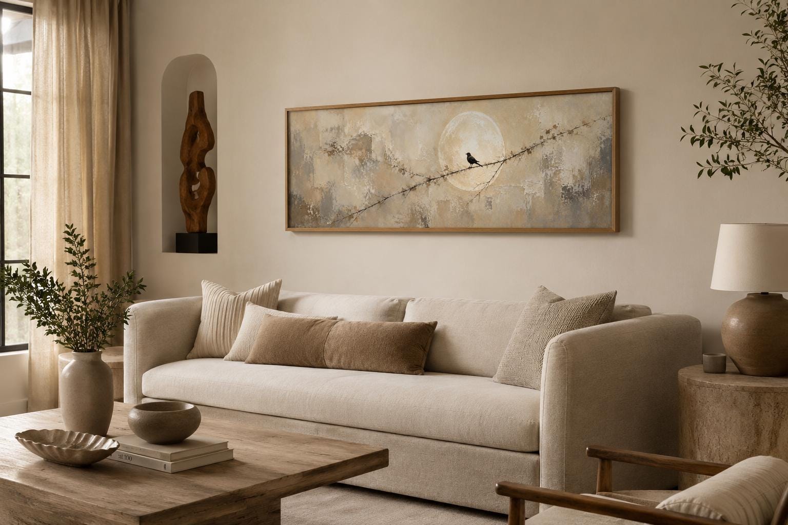 Bird on Branch Silhouette With Moon Neutral Beige Abstract Above Bed Canvas Print