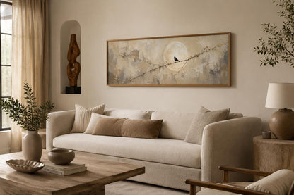 Bird on Branch Silhouette With Moon Neutral Beige Abstract Above Bed Canvas Print