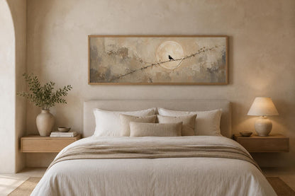Bird on Branch Silhouette With Moon Neutral Beige Abstract Above Bed Canvas Print