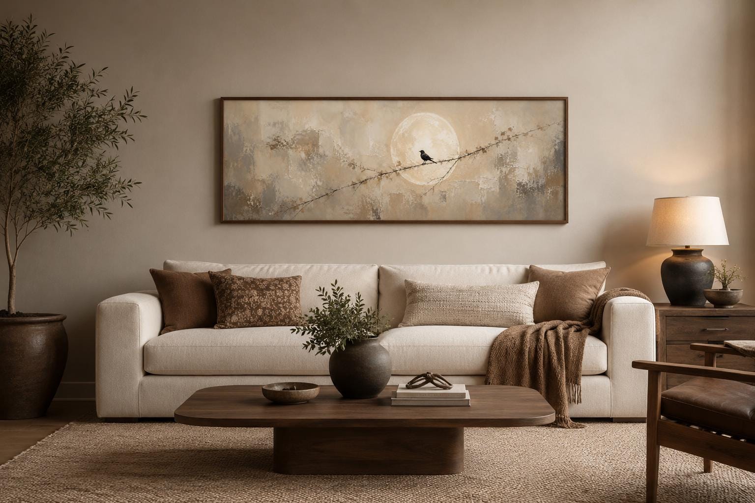 Bird on Branch Silhouette With Moon Neutral Beige Abstract Above Bed Canvas Print