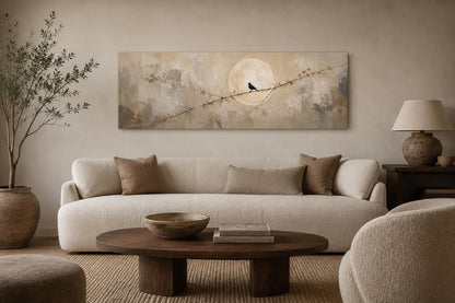 Bird on Branch Silhouette With Moon Neutral Beige Abstract Above Bed Canvas Print