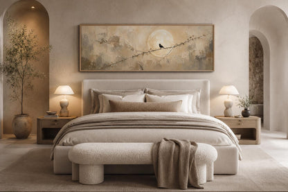 Bird on Branch Silhouette With Moon Neutral Beige Abstract Above Bed Canvas Print