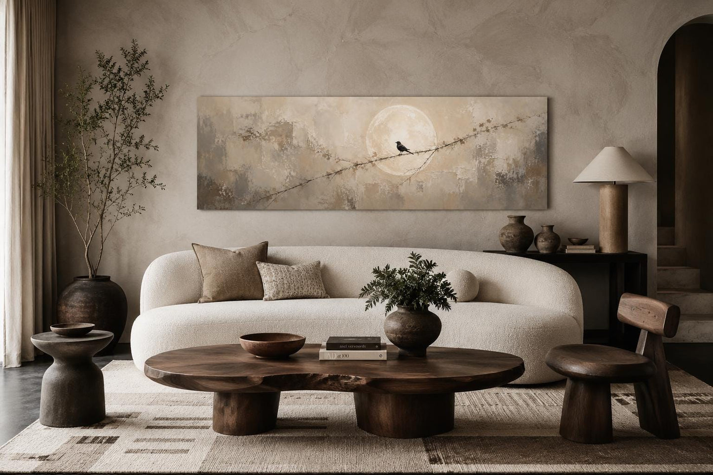 Bird on Branch Silhouette With Moon Neutral Beige Abstract Above Bed Canvas Print