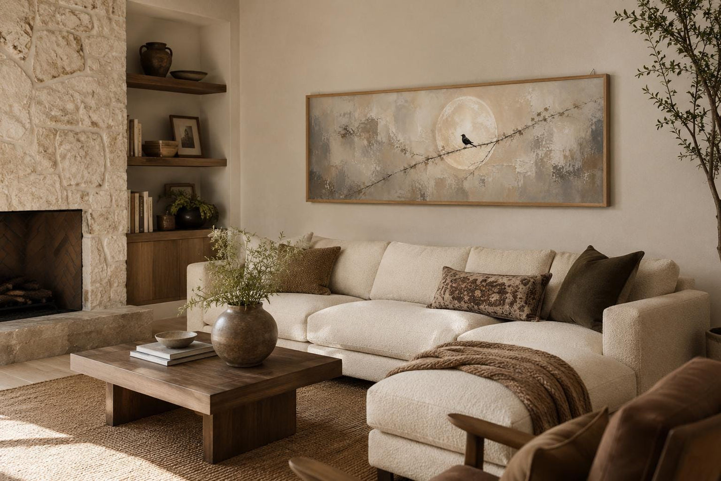 Bird on Branch Silhouette With Moon Neutral Beige Abstract Above Bed Canvas Print