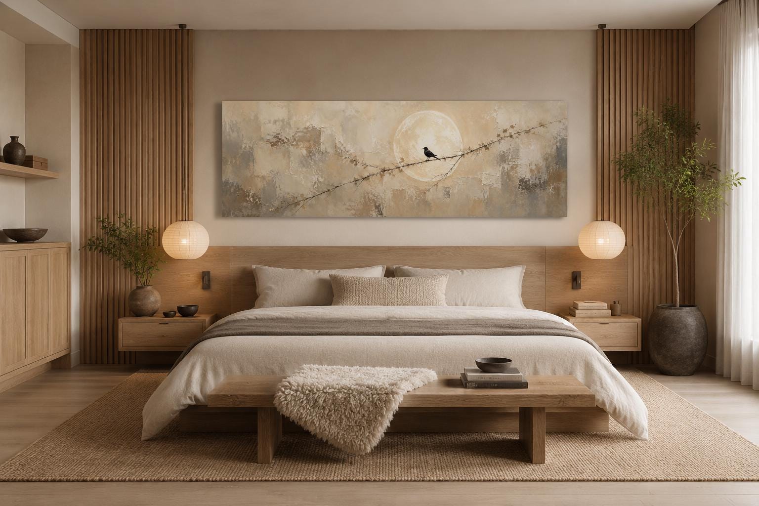 Bird on Branch Silhouette With Moon Neutral Beige Abstract Above Bed Canvas Print