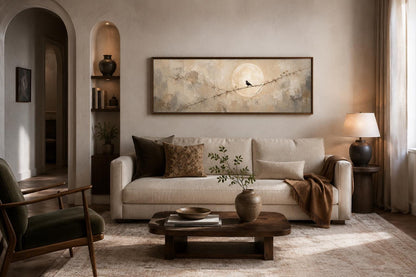 Bird on Branch Silhouette With Moon Neutral Beige Abstract Above Bed Canvas Print