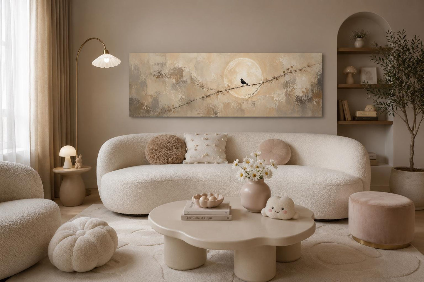 Bird on Branch Silhouette With Moon Neutral Beige Abstract Above Bed Canvas Print
