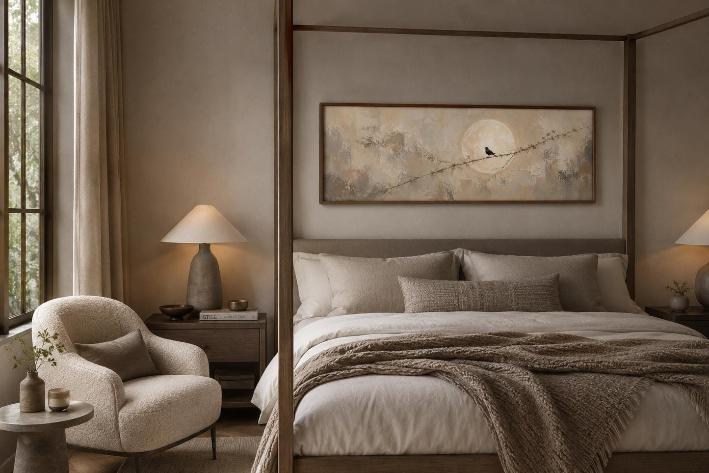 Bird on Branch Silhouette With Moon Neutral Beige Abstract Above Bed Canvas Print
