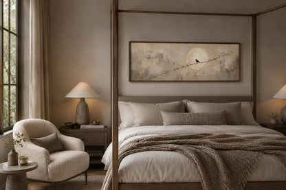 Bird on Branch Silhouette With Moon Neutral Beige Abstract Above Bed Canvas Print
