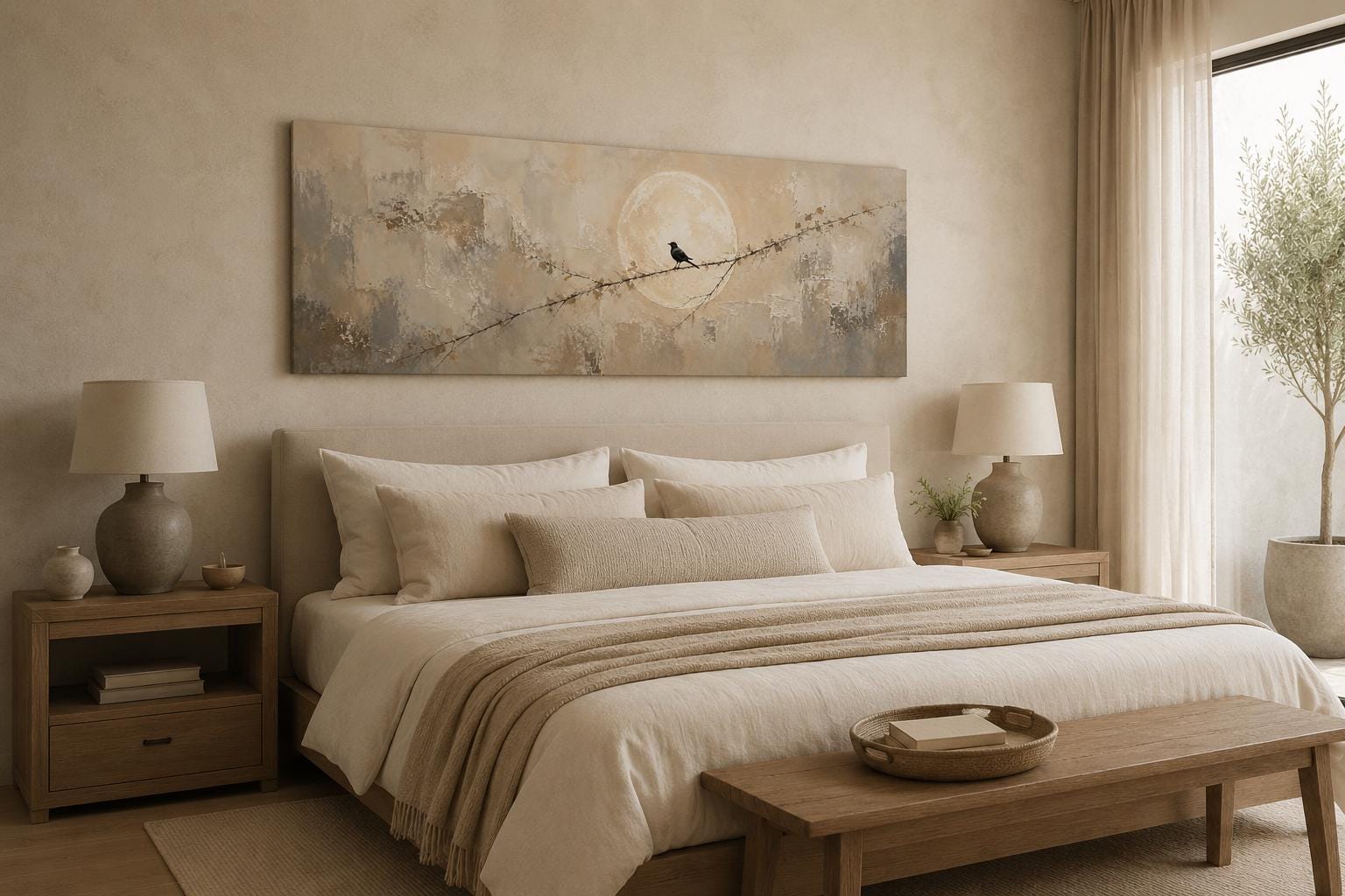 Bird on Branch Silhouette With Moon Neutral Beige Abstract Above Bed Canvas Print
