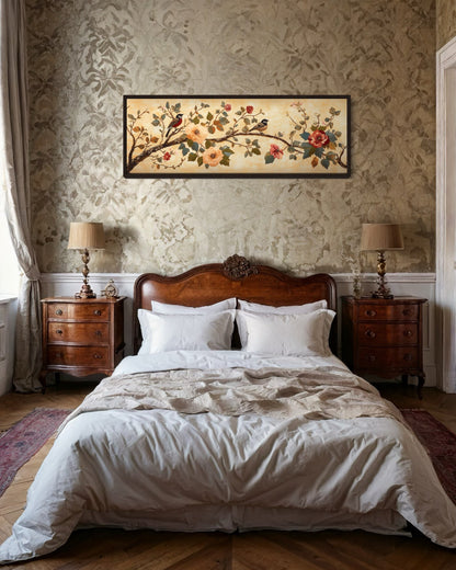 Birds On A Branch Long Horizontal Antique Framed Tapestry Canvas Wall Art