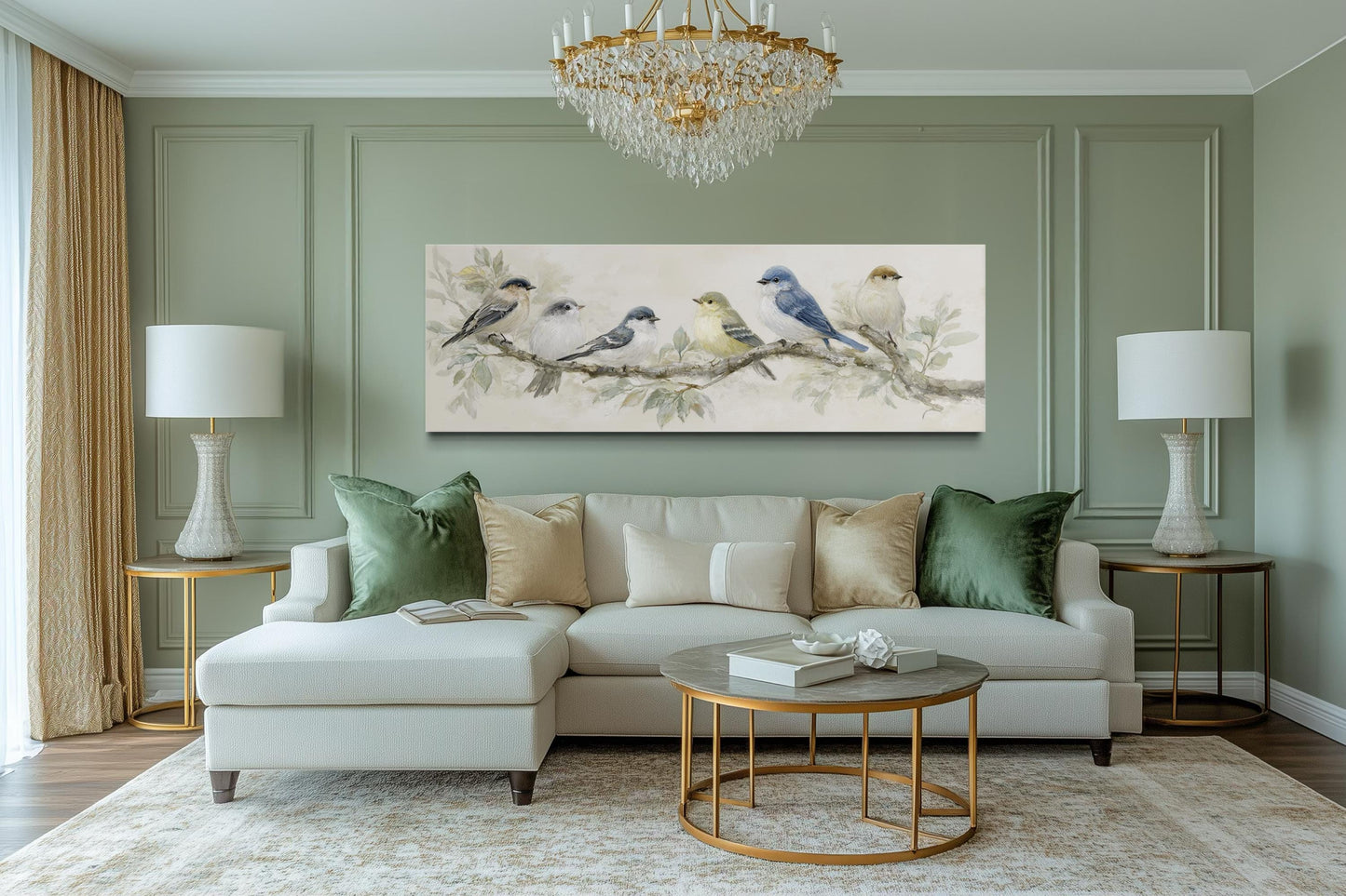 Birds On A Branch Wall Art - Long Horizontal Panoramic Canvas Print, Neutral Tone Nature