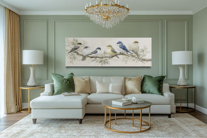 Birds On A Branch Wall Art - Long Horizontal Panoramic Canvas Print, Neutral Tone Nature