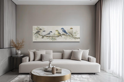 Birds On A Branch Wall Art - Long Horizontal Panoramic Canvas Print, Neutral Tone Nature