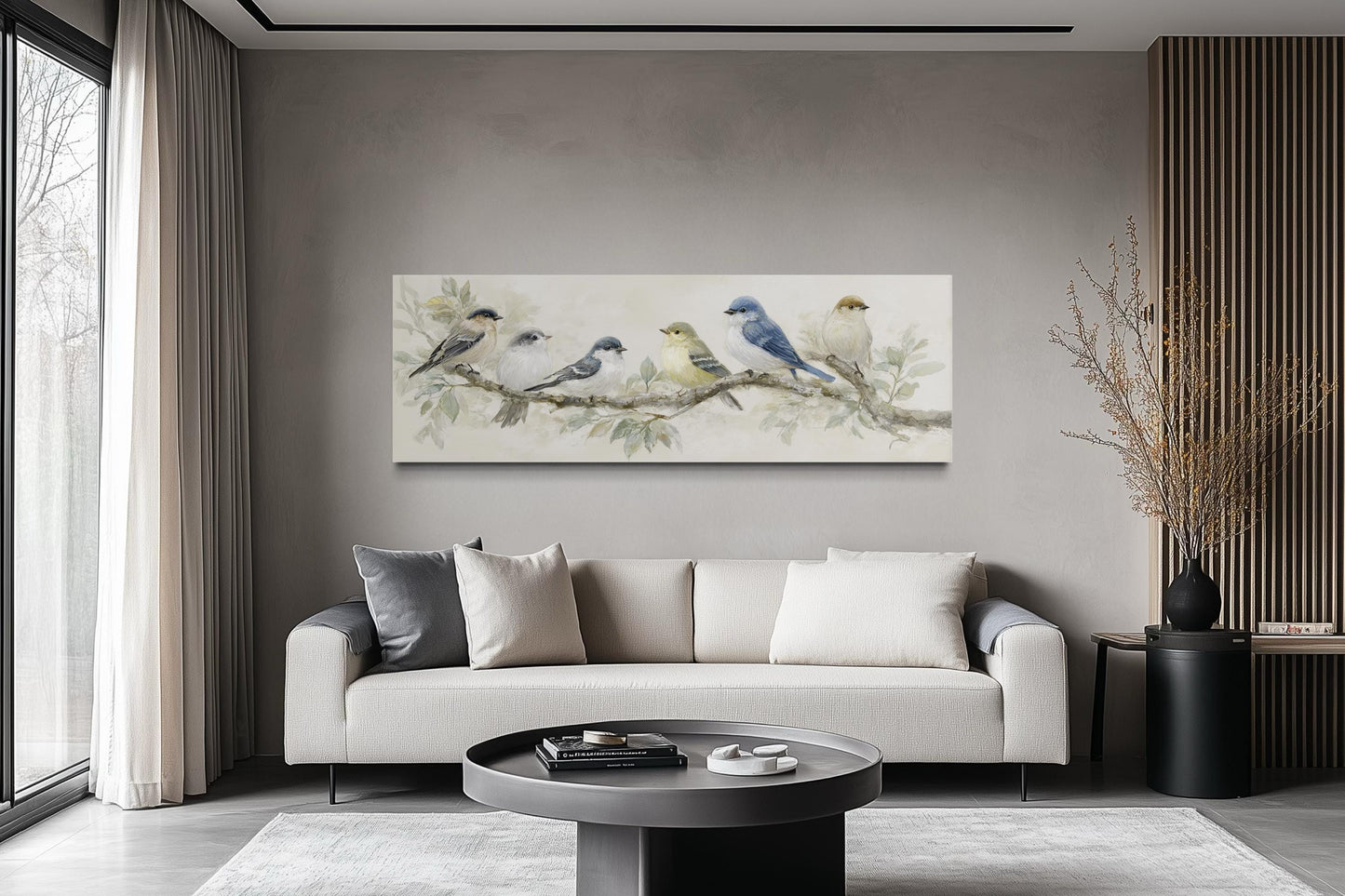 Birds On A Branch Wall Art - Long Horizontal Panoramic Canvas Print, Neutral Tone Nature