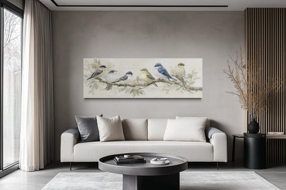 Birds On A Branch Wall Art - Long Horizontal Panoramic Canvas Print, Neutral Tone Nature