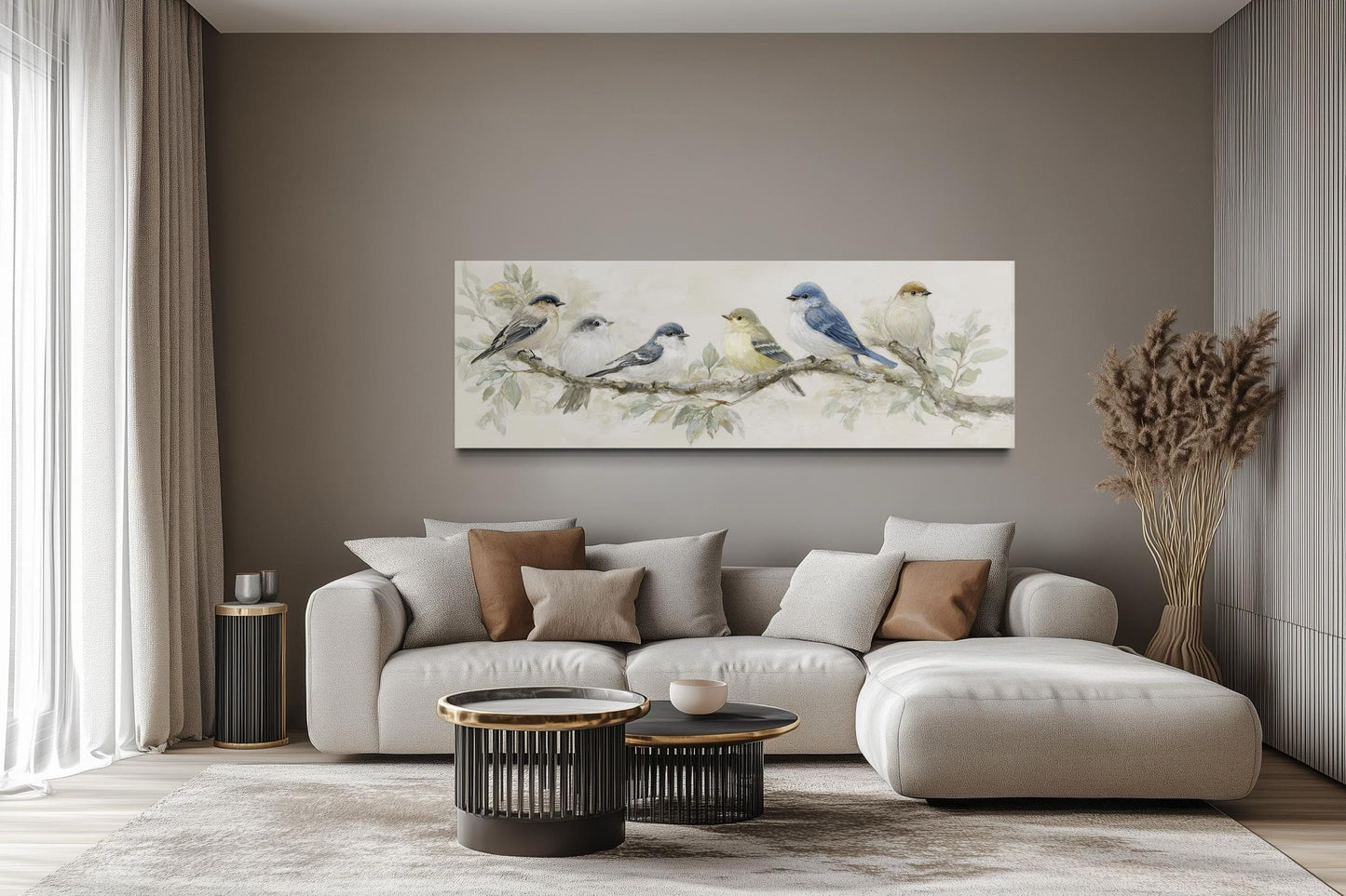 Birds On A Branch Wall Art - Long Horizontal Panoramic Canvas Print, Neutral Tone Nature
