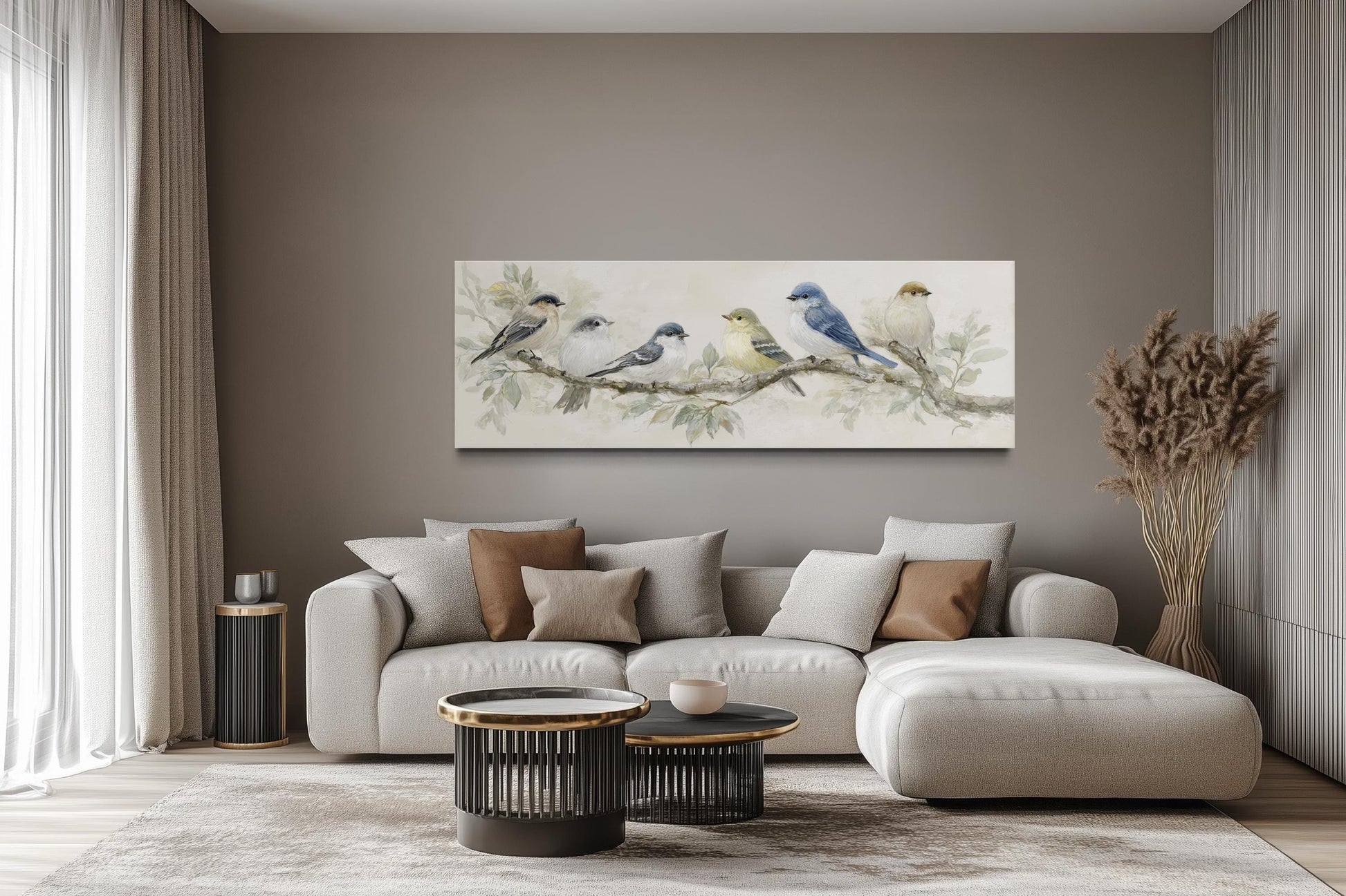 Birds On A Branch Wall Art - Long Horizontal Panoramic Canvas Print, Neutral Tone Nature