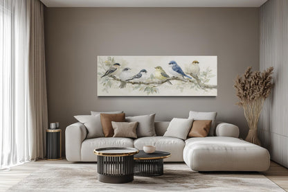 Birds On A Branch Wall Art - Long Horizontal Panoramic Canvas Print, Neutral Tone Nature