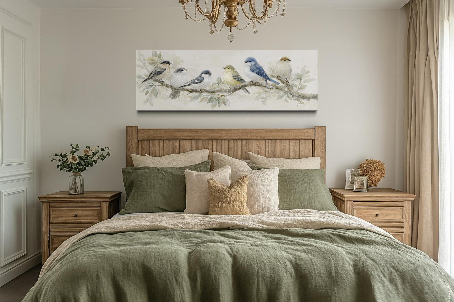 Birds On A Branch Wall Art - Long Horizontal Panoramic Canvas Print, Neutral Tone Nature