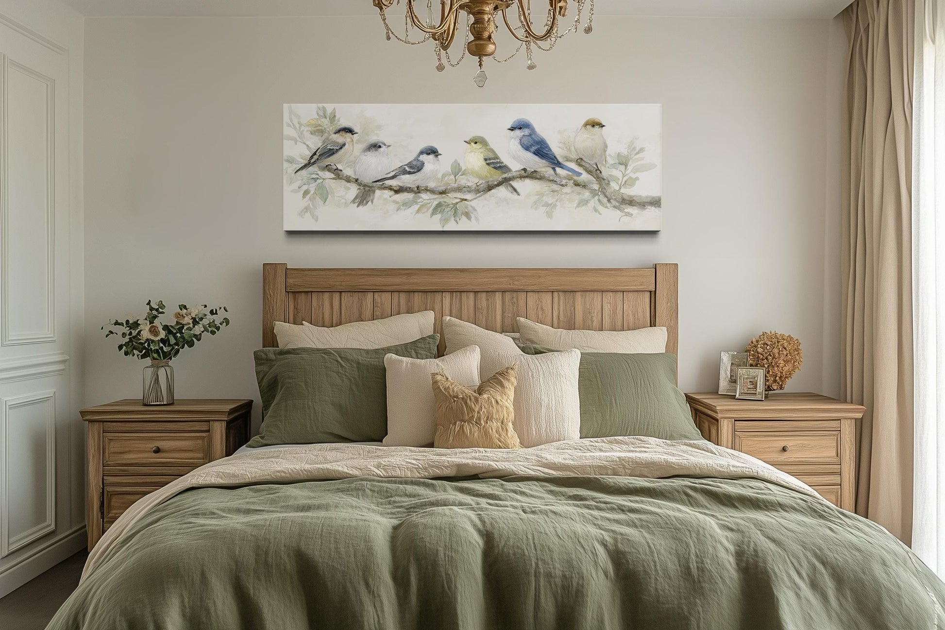 Birds On A Branch Wall Art - Long Horizontal Panoramic Canvas Print, Neutral Tone Nature
