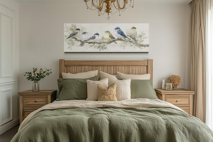 Birds On A Branch Wall Art - Long Horizontal Panoramic Canvas Print, Neutral Tone Nature