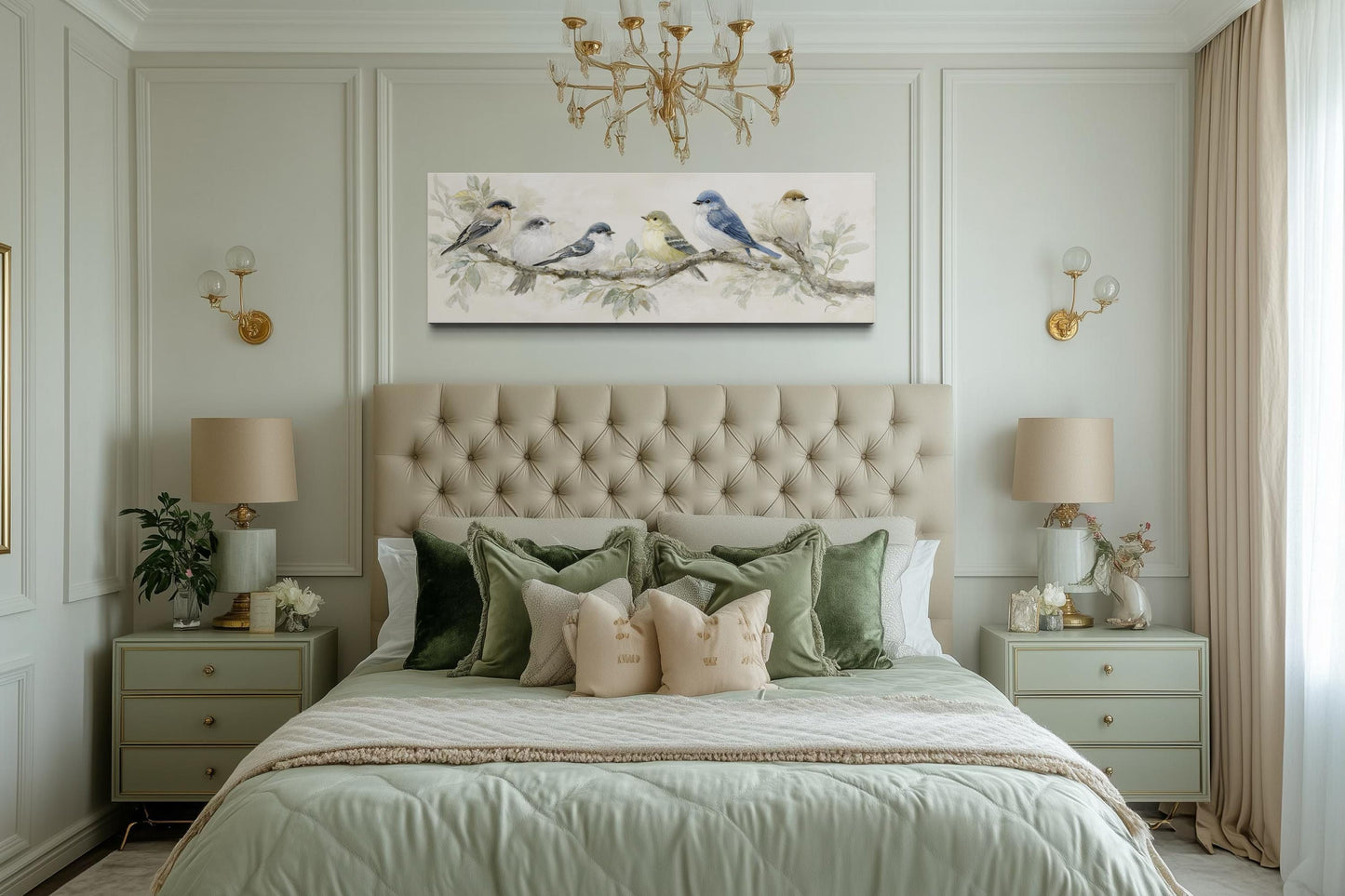 Birds On A Branch Wall Art - Long Horizontal Panoramic Canvas Print, Neutral Tone Nature