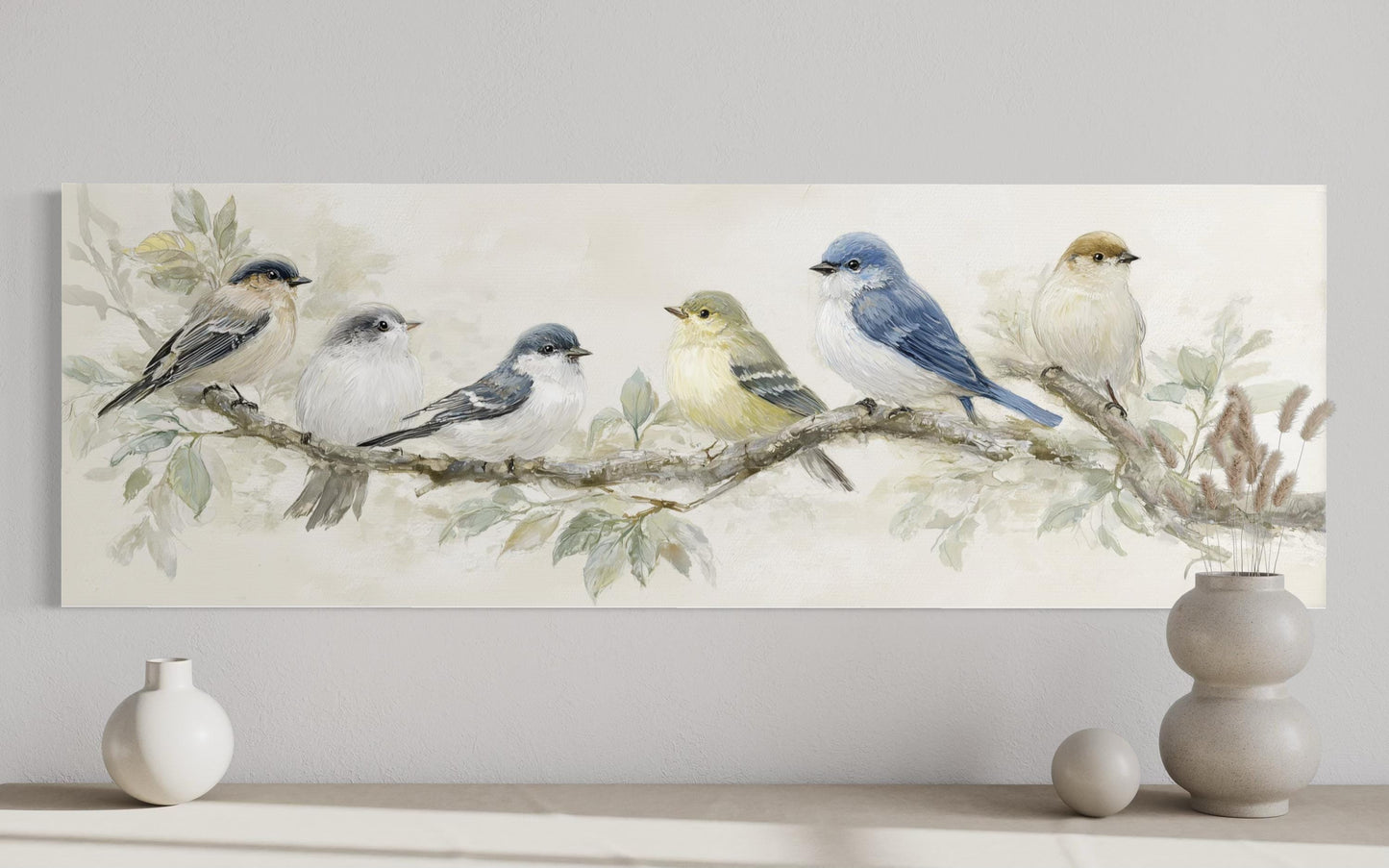 Birds On A Branch Wall Art - Long Horizontal Panoramic Canvas Print, Neutral Tone Nature