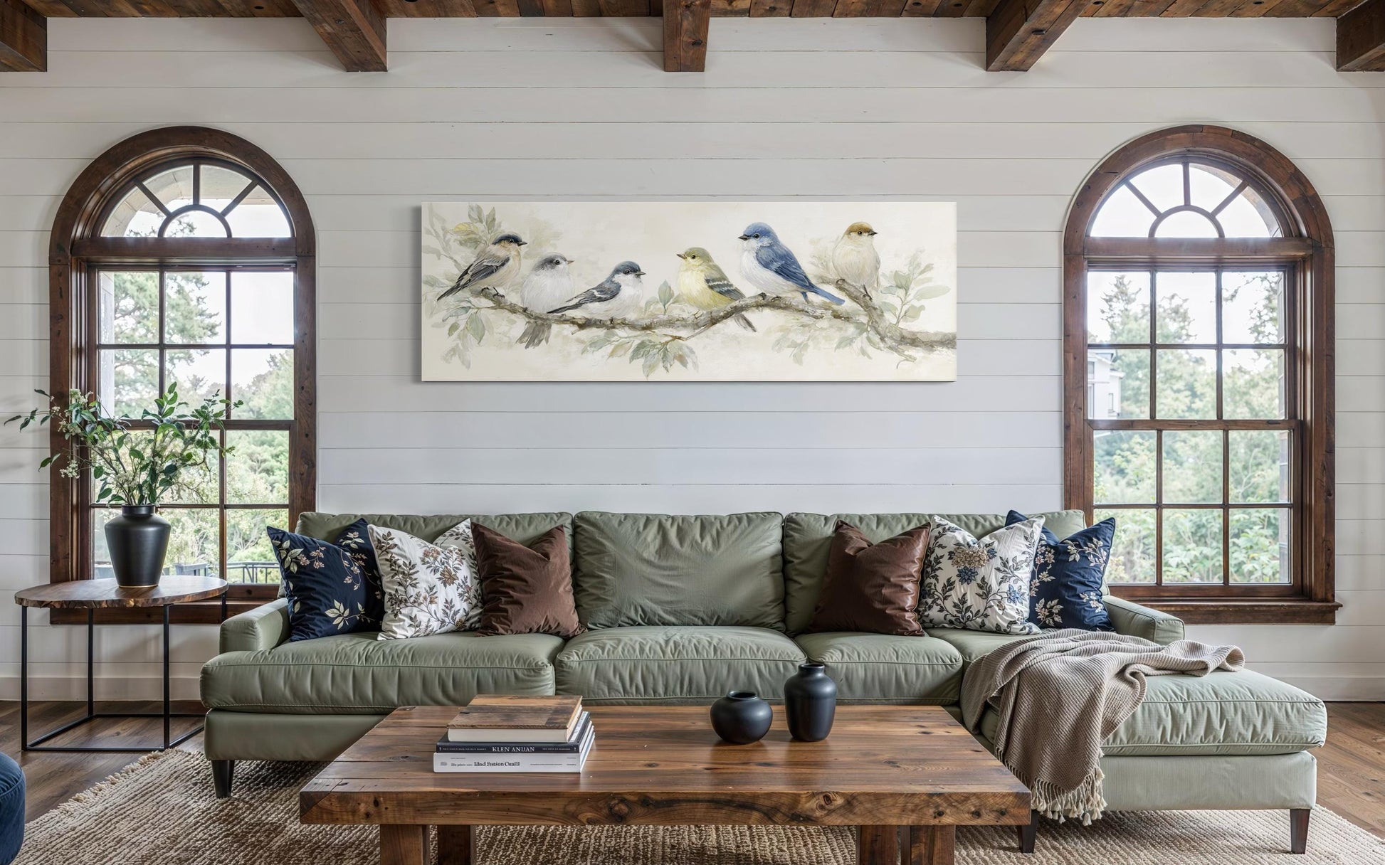 Birds On A Branch Wall Art - Long Horizontal Panoramic Canvas Print, Neutral Tone Nature