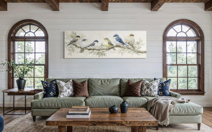 Birds On A Branch Wall Art - Long Horizontal Panoramic Canvas Print, Neutral Tone Nature