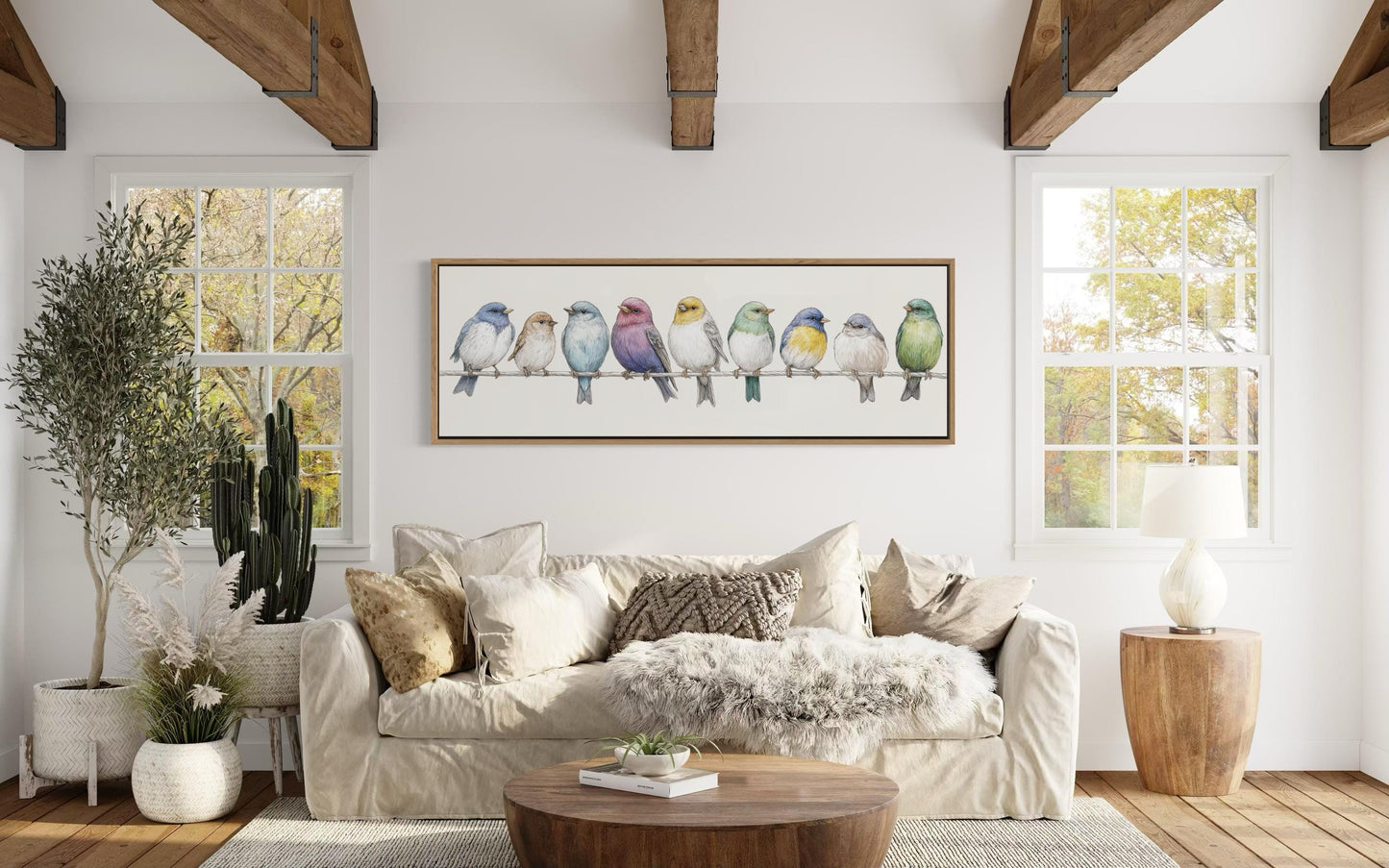 Birds On A Wire Art - Colorful Songbirds Framed Canvas | Modern Farmhouse Wall Decor