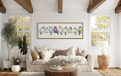 Birds On A Wire Art - Colorful Songbirds Framed Canvas | Modern Farmhouse Wall Decor