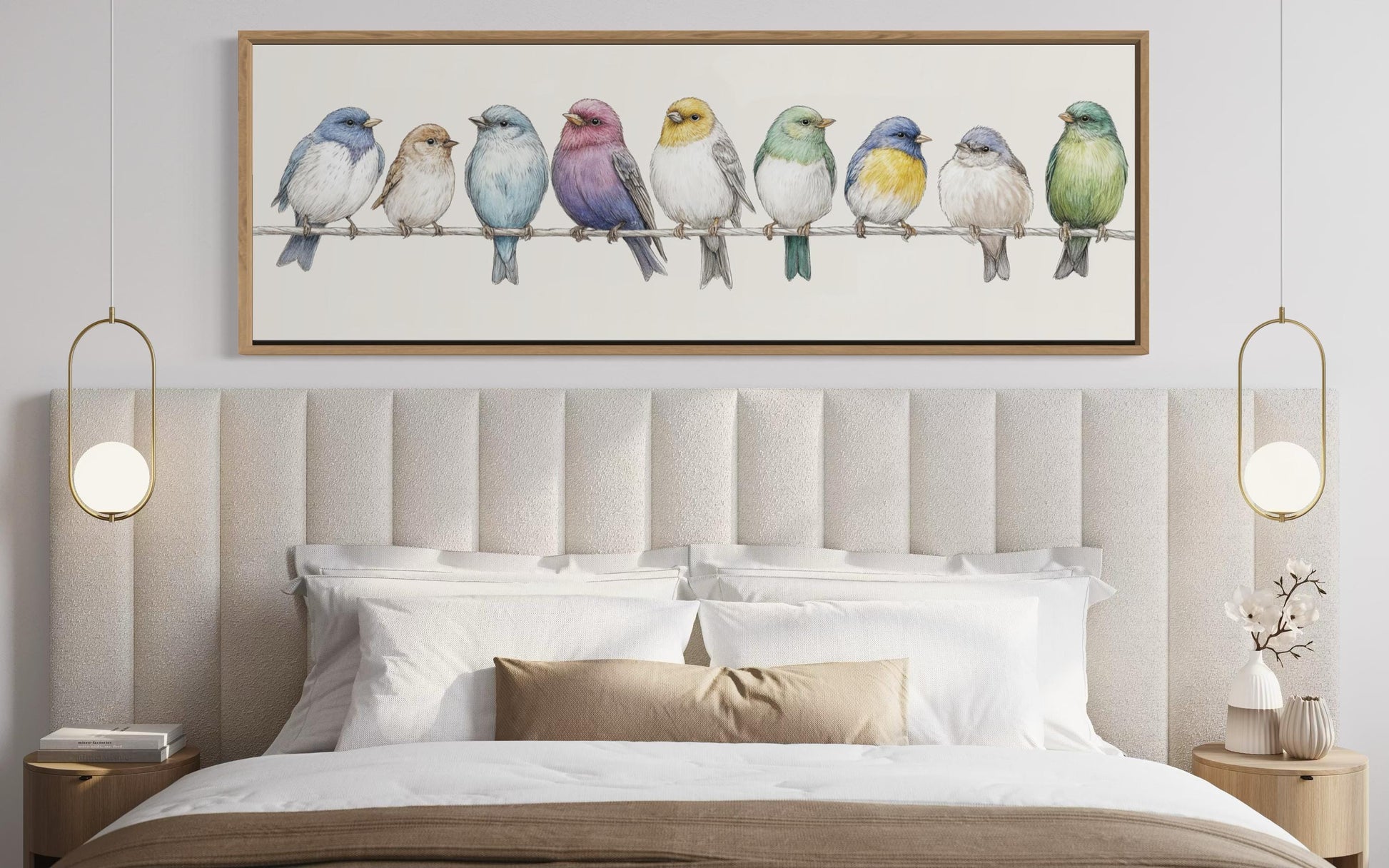 Birds On A Wire Art - Colorful Songbirds Framed Canvas | Modern Farmhouse Wall Decor