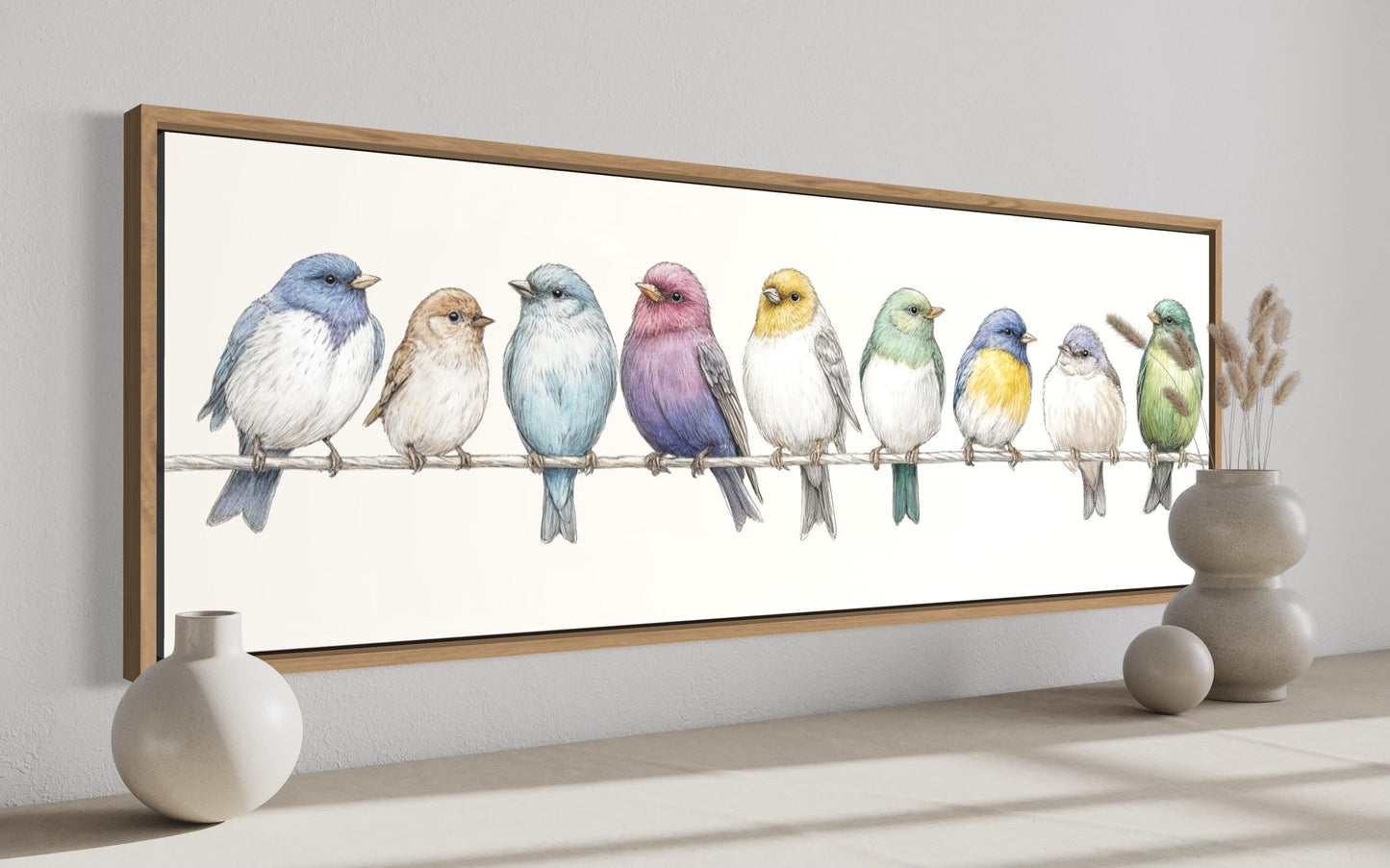 Birds On A Wire Art - Colorful Songbirds Framed Canvas | Modern Farmhouse Wall Decor