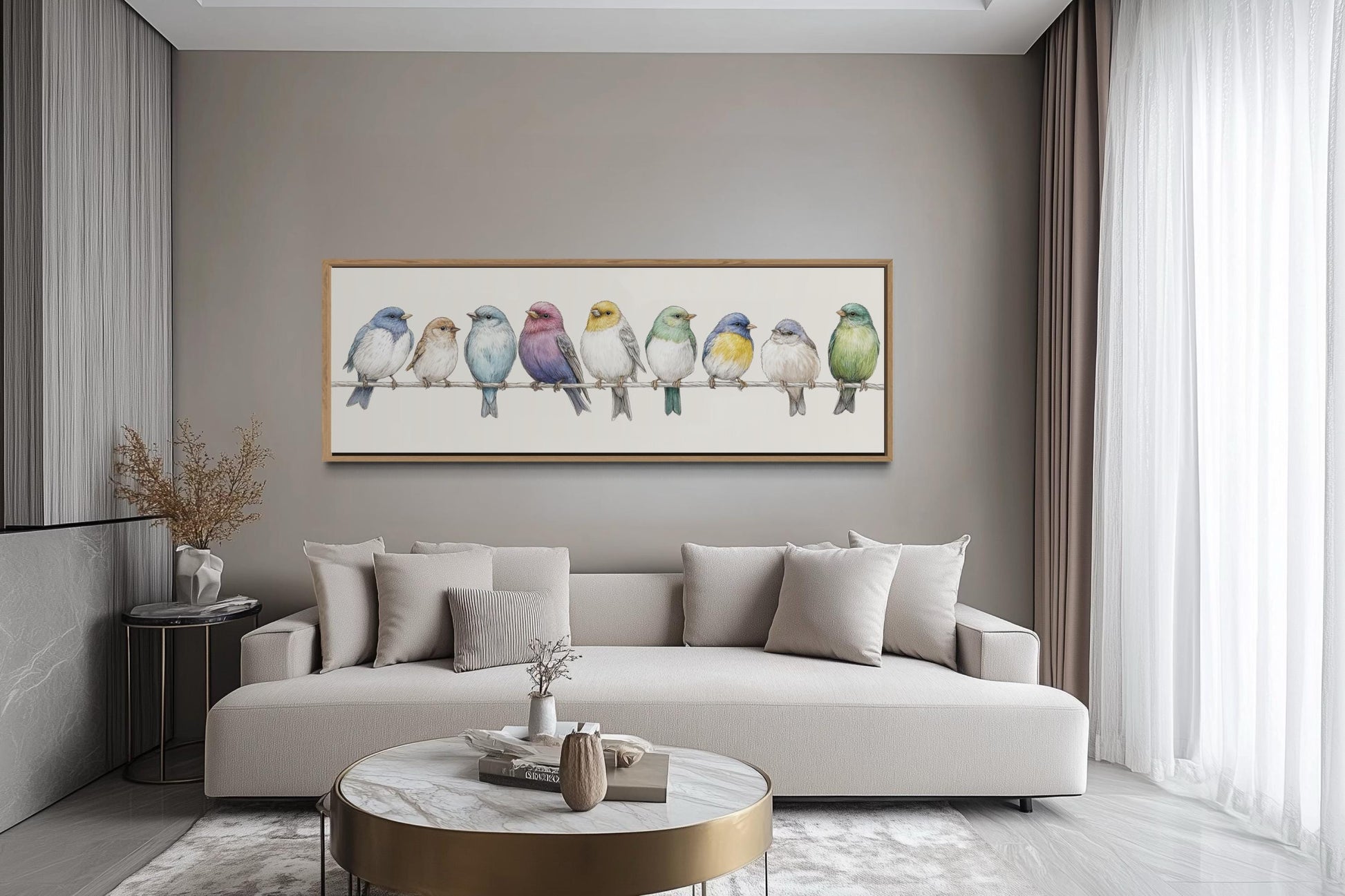 Birds On A Wire Art - Colorful Songbirds Framed Canvas | Modern Farmhouse Wall Decor