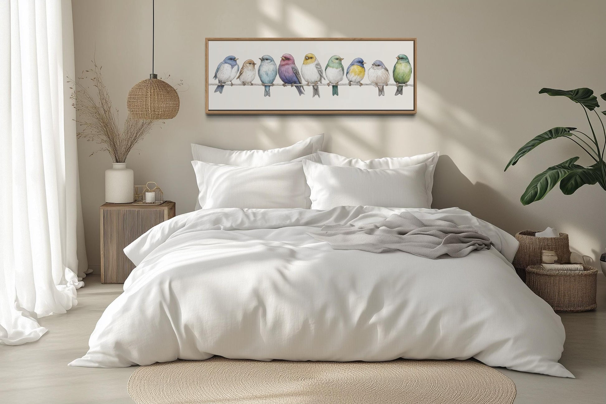 Birds On A Wire Art - Colorful Songbirds Framed Canvas | Modern Farmhouse Wall Decor