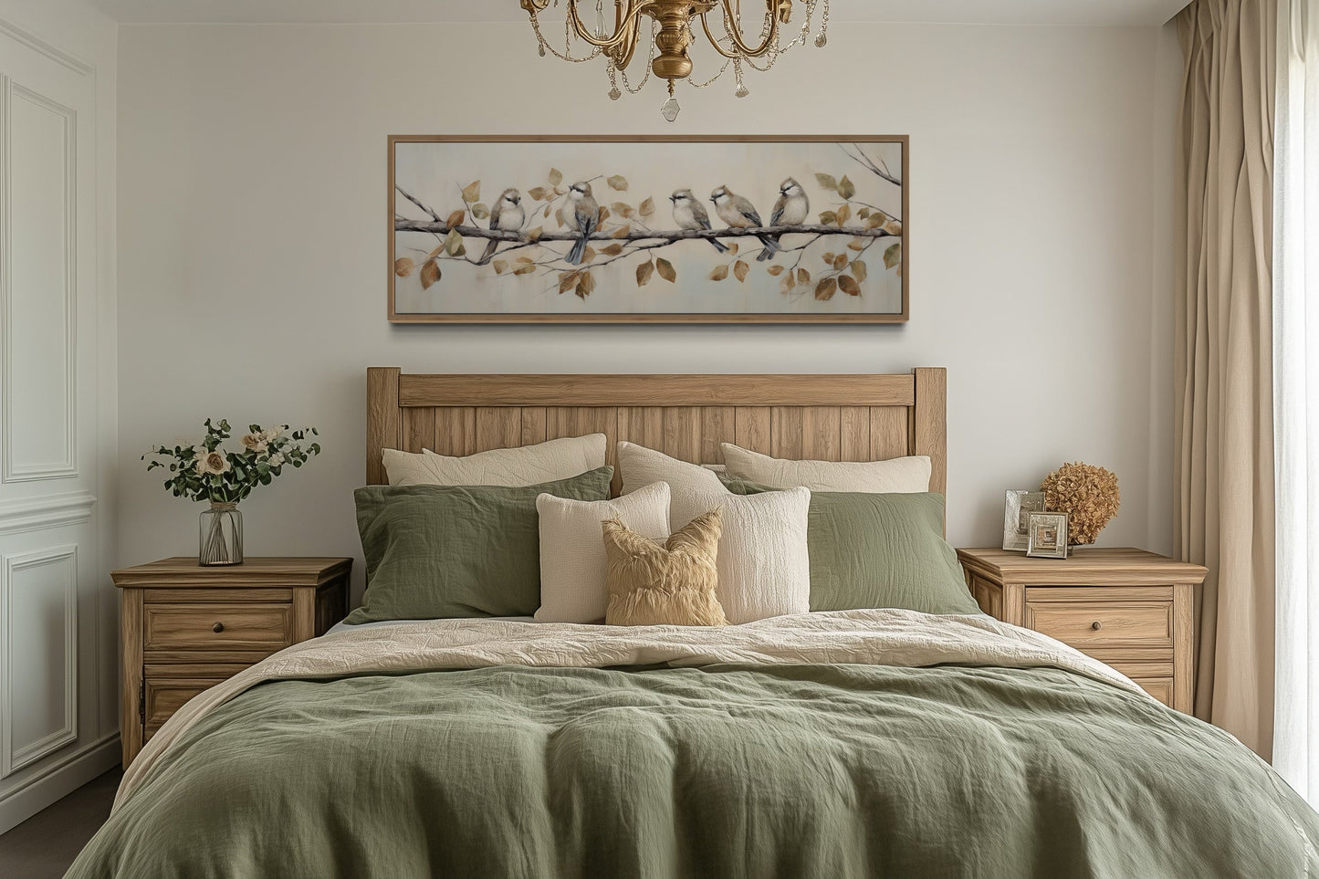 Birds Perched on Branch Painting On Distressed Wood Framed Canvas Wall Art
