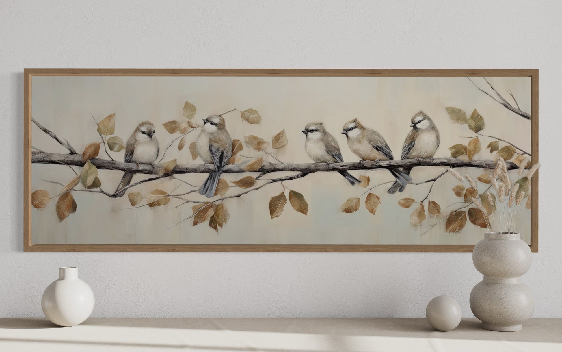 Birds Perched on Branch Painting On Distressed Wood Framed Canvas Wall Art